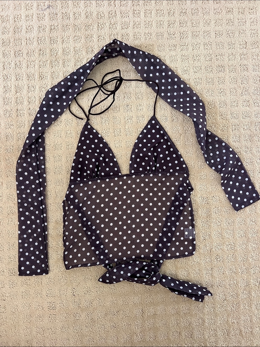 Polka Dot Halter Tie Crop Top - Brown with White Dots